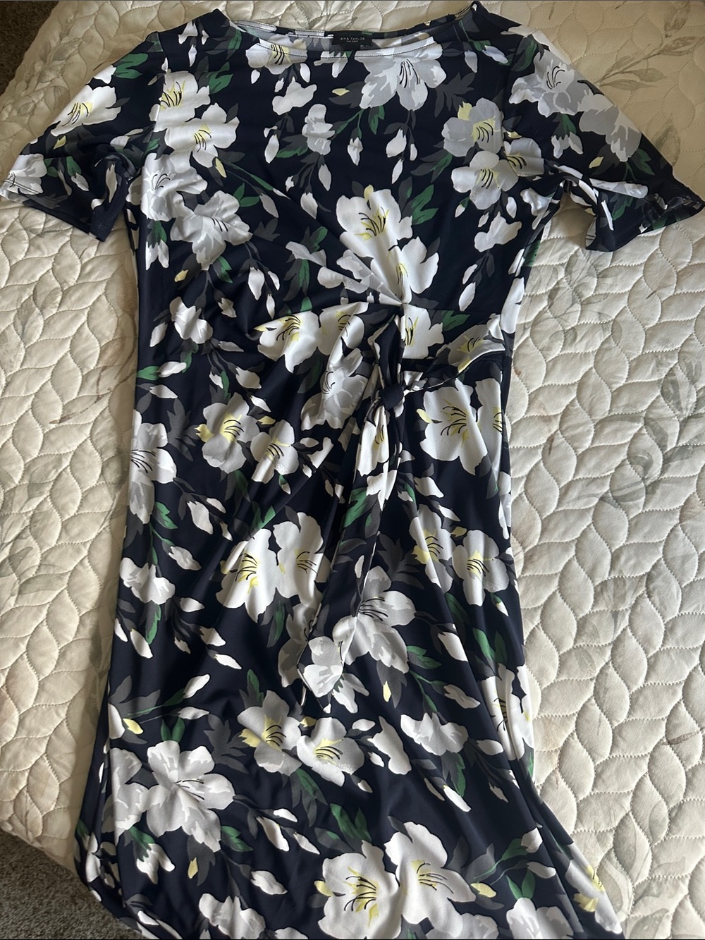 Ann Taylor Navy Floral Twist-Front Midi Dress with White Blooms